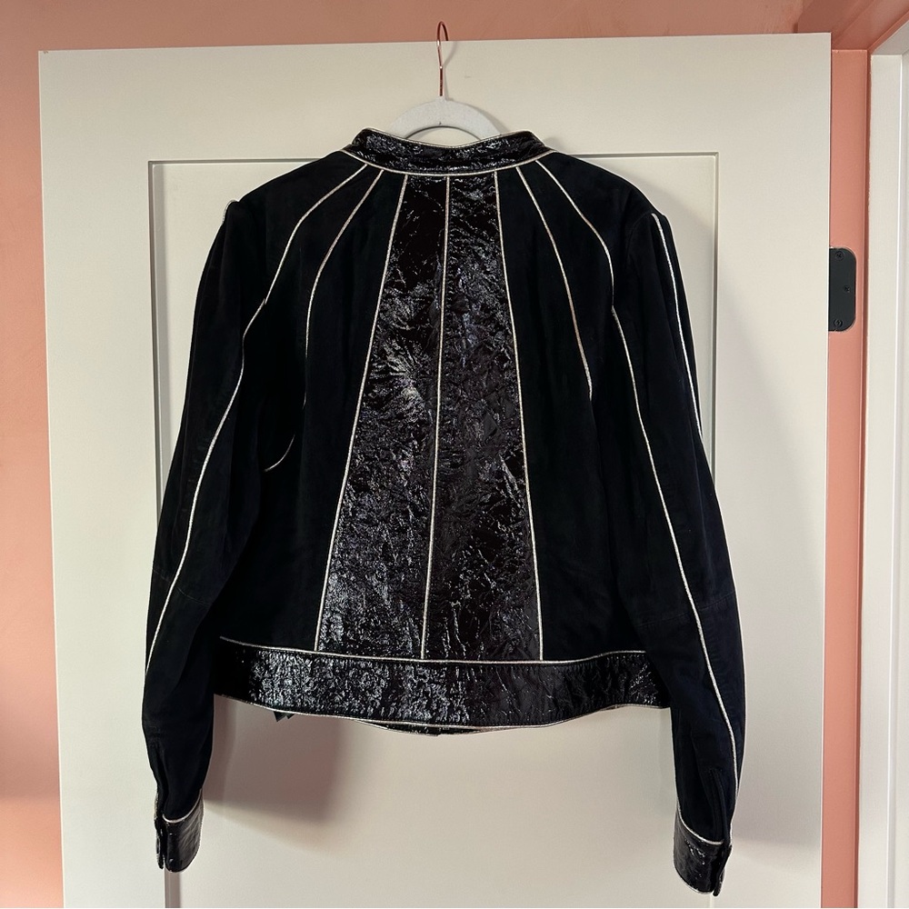7 For All Mankind Black and White Leather Jacket with Architectural Stitching - Picture 9 of 14
